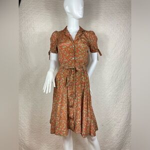 Vintage America Floral Midi Dress in Rust and Green